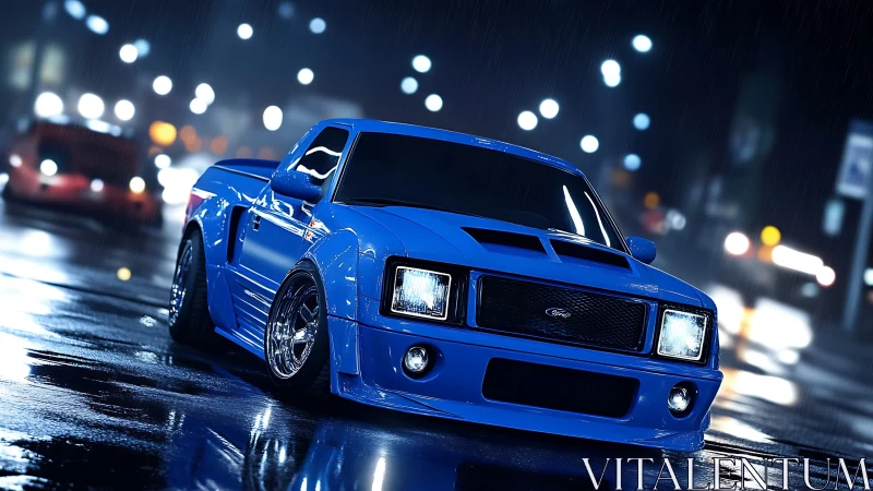 Blue custom pickup cuts neon rain on slick city street.
