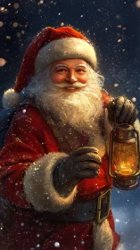 Warmly lit Santa Claus with lantern in swirling snowfall