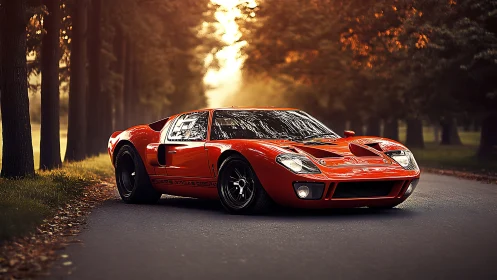 Classic red sports car glows against a serene forest road at dusk