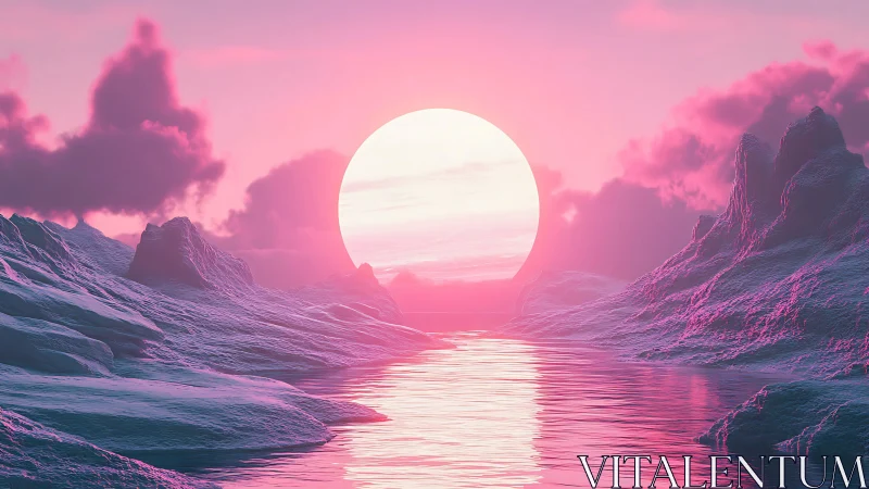 Neon sun sinks behind icy canyon over reflective water