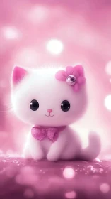 White cartoon cat character with pink bow and flower accessory in dreamlike environment