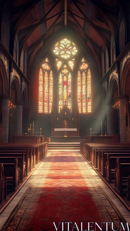 Sunlit gothic church nave with glowing stained glass windows.