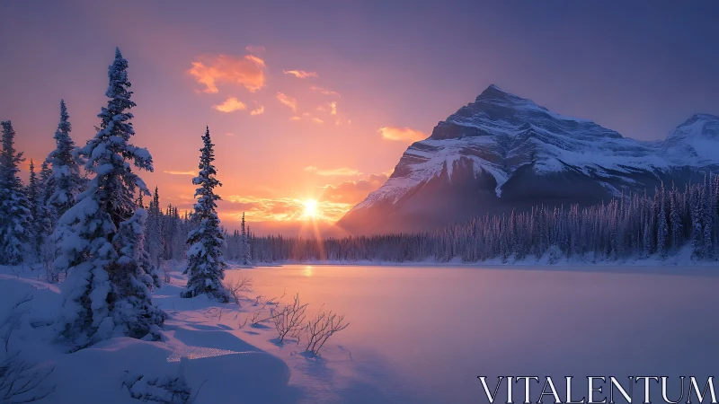 Winter alpine lake captures sunset over snow-laden conifers