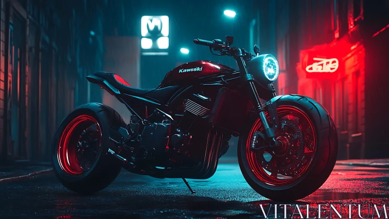 Custom Kawasaki street bike under neon rain at night.