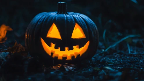 Glowing jack o lantern with carved grin in dark setting.