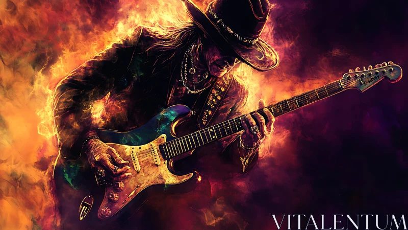 Guitarist in hat plays electric guitar amid vivid swirling flames