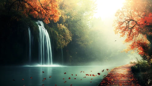 Golden autumn waterfall beside a quiet misty boardwalk.