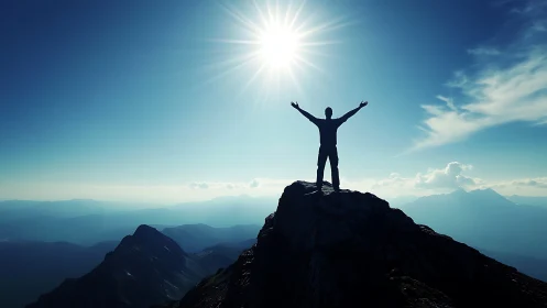 Silhouetted climber on alpine summit under high-contrast midday sun
