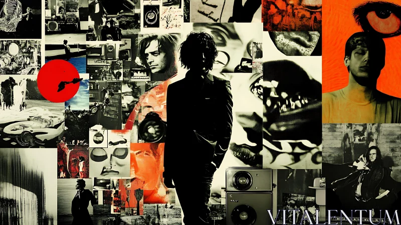 Silhouetted figure stands before dense collage of portraits