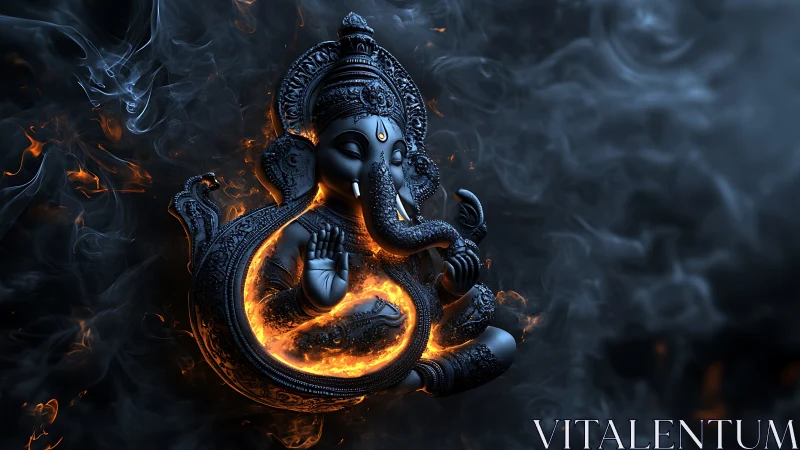 Rendered Ganesha sculpture appears within smoke and fire ring