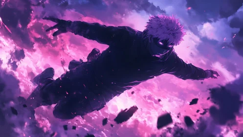 Masked anime fighter dives through glowing storm clouds