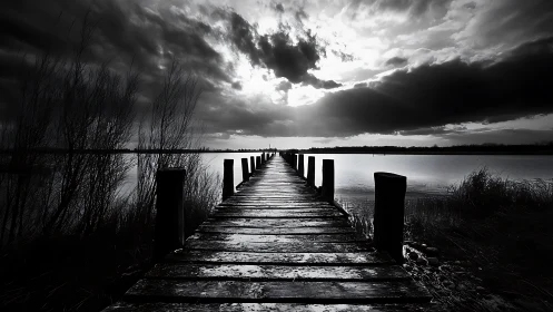 Moody lakeside pier invites quiet steps toward soft light