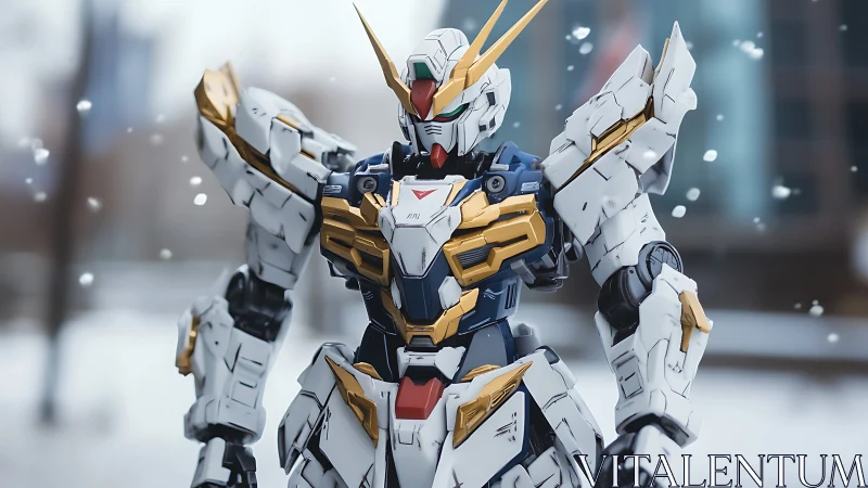Highly detailed mecha model posed outdoors in shallow depth