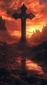 Crucifix towers over ruined wasteland beneath burning sky