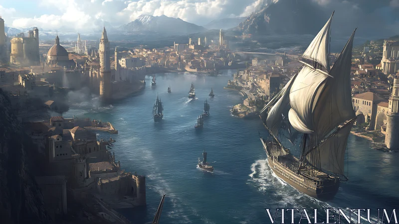 Majestic tall ship sails into a sunlit fantasy harbor city