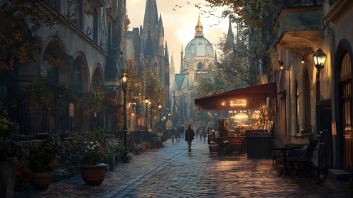 Moody European street with cathedral dome at dusk.