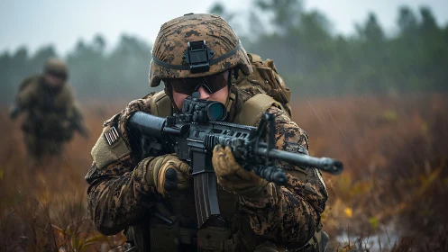 Rain-soaked marine advances through stormy training field.