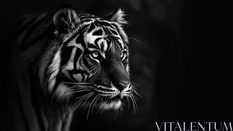 Majestic tiger gazes through darkness in bold monochrome light