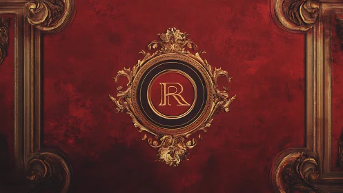 Ornate gold monogram R centered on textured red panel