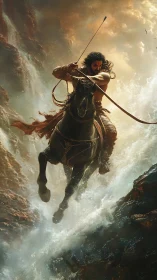 Warrior on rearing black horse charges through cascading water