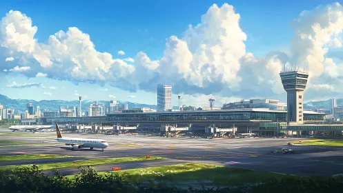 Sunlit skyline airport humming under cotton-bright clouds.