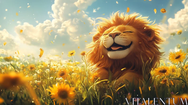 Smiling cartoon lion resting in sunny flower meadow.