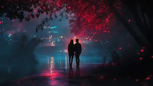 Neon Silhouettes: Love in the Rainfall.