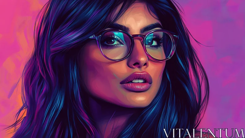 Neon muse in oversized glasses, humming with hidden questions.