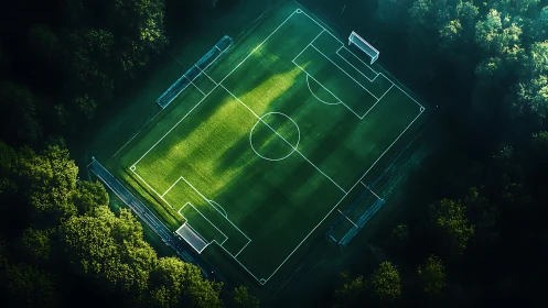 Isolated green soccer field surrounded by dense forest.