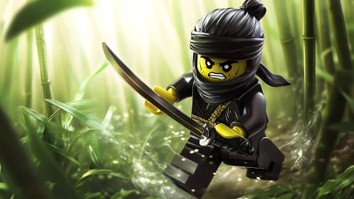 Plastic ninja storms sunlit bamboo in glossy mid-leap charge