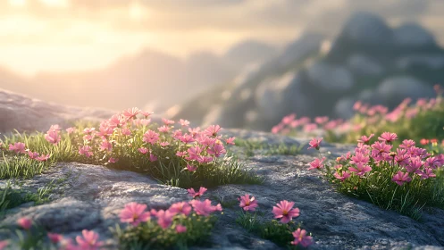 Alpine Meadow Wildflowers at Golden Hour with Mountain Backdrop.