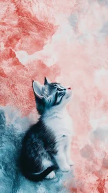 Kitten Contemplates Vibrant Pink-Blue Dreamscape.