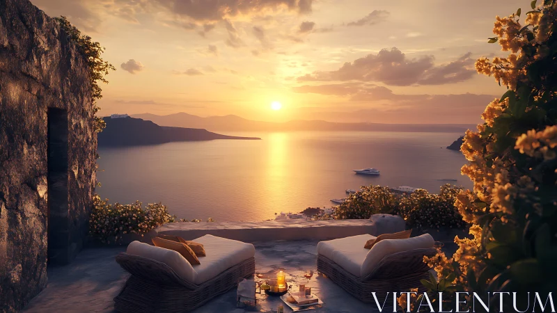 Sunset lounge over tranquil sea with golden summer hush.