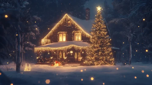 Snowy cabin glows with warm Christmas lights at night