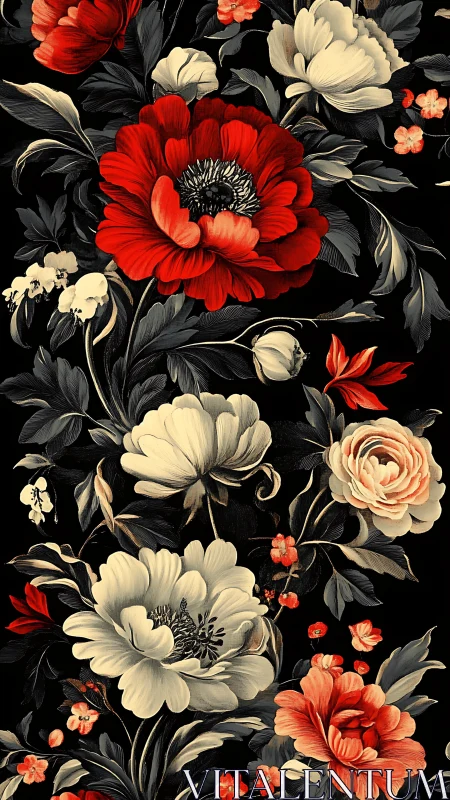 Dramatic botanical florals blooming against rich black backdrop