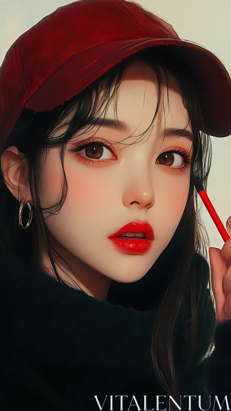 Crimson cap muse perfects glossy lips in soft-lit closeup.