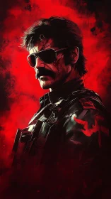Stylized tactical portrait of man in sunglasses and armor.