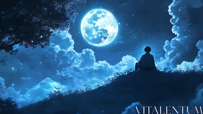 Quiet moonlit hillside where a lone dreamer softly wonders.