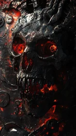 Molten metal skull emerges from blazing industrial inferno