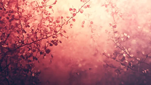 Branch silhouettes and small leaves fade into pink light haze