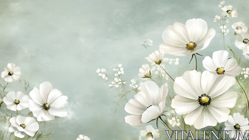 White Cosmos Flowers Against Soft Sage Background.