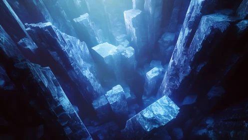 Vertical crystalline canyon with deep blue illuminated strata.