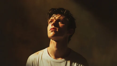 Soft spotlight carves a quiet halo around a searching gaze