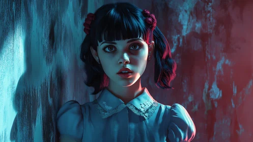 Cinematic portrait of blue dress girl in dual neon lighting