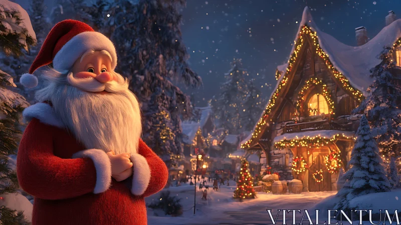 Santa figure before lit snowy cottage in winter night scene.