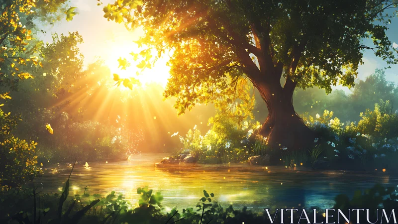 Sunlit riverbank tree with strong backlit foliage at dawn