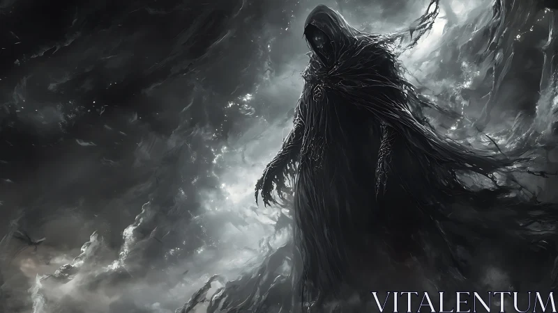 Mysterious hooded wraith walks through swirling storm clouds.