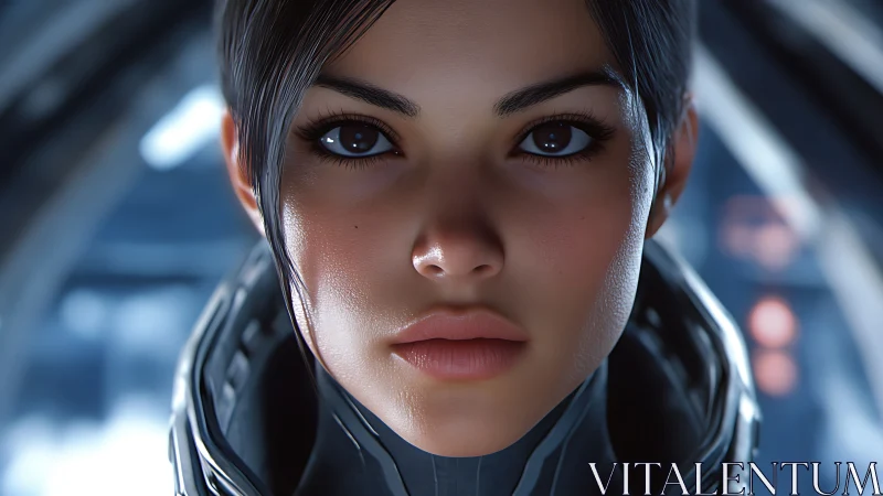 Close-up portrait of focused woman in sci-fi armor suit.