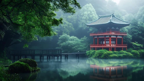 Tranquil red pagoda mirrored on misty forest lake at dawn.