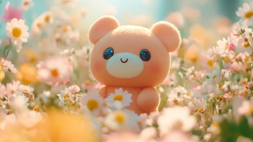 Plush bear figure positioned in dense pastel flower field.